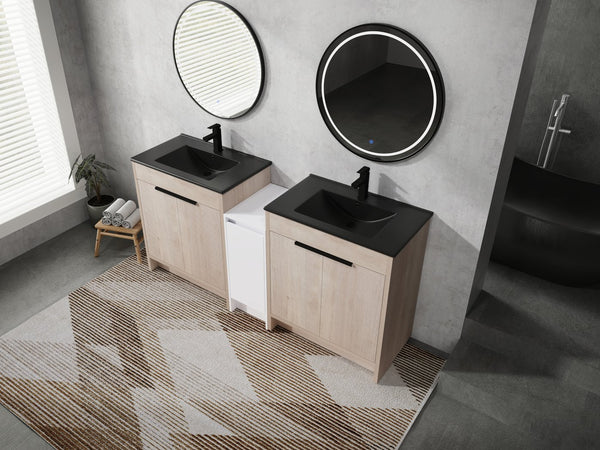 English Elm 72 Inch Freestanding Bathroom Vanity Set With Black Ceramic Sinks, Soft-Close Doors & Storage Solutions W999S00319