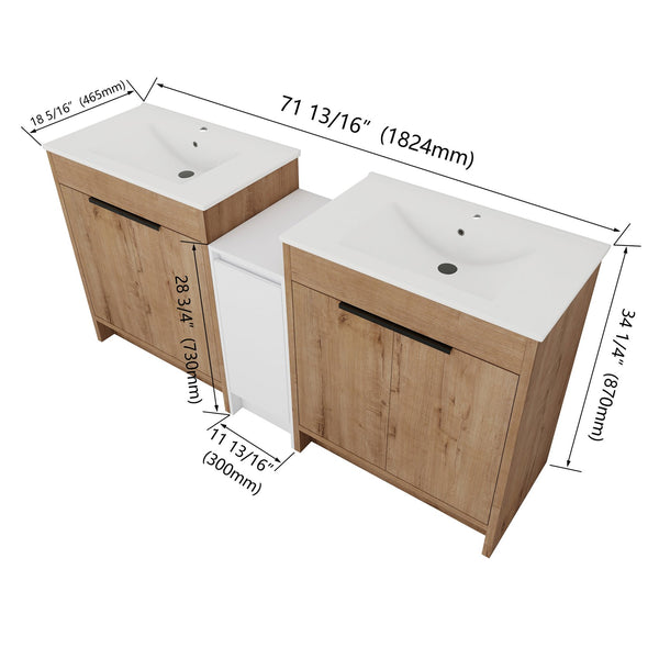 English Elm 72 Inch Freestanding Bathroom Vanity With Ceramic Sink, Soft-Close Doors, And Ample Storage Space W999S00323