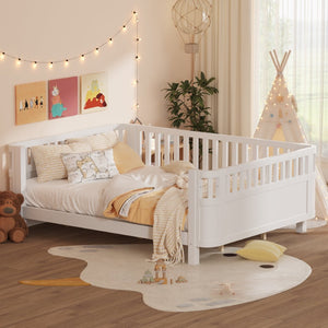 English Elm Queen Low Profile Pine Wood Kids Platform Bed with Guardrails and Rounded Safety Posts White W2593P409122