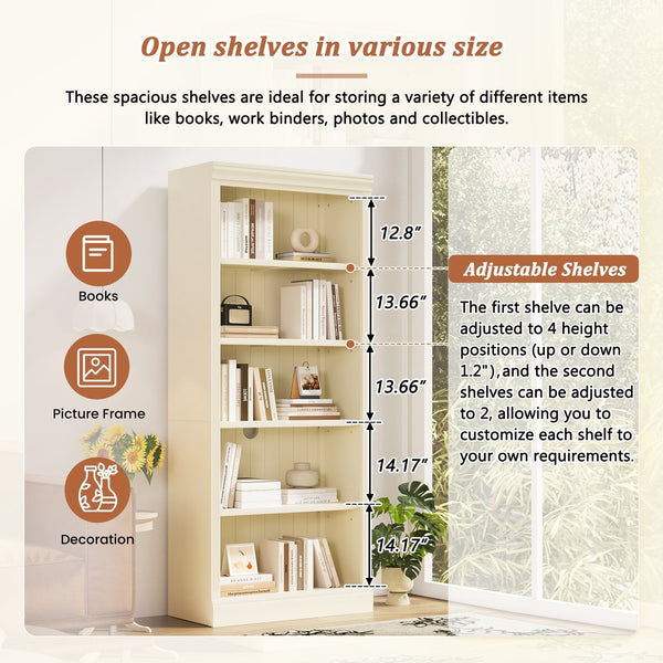 English Elm 83" 5-Tier Bookcase Suite with LED Light Strip, Adjustable Shelves, Cable Management & Solid Wood Frame Beige+yellow N751S246920A