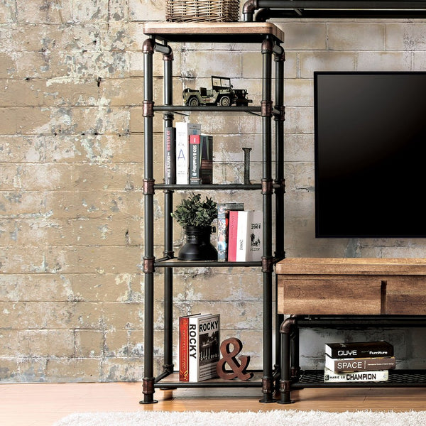English Elm Industrial 60" TV Console with Pipe Frame, Wire Mesh Shelves, Drawer & Rustic Wood Storage Finish B2741S00473