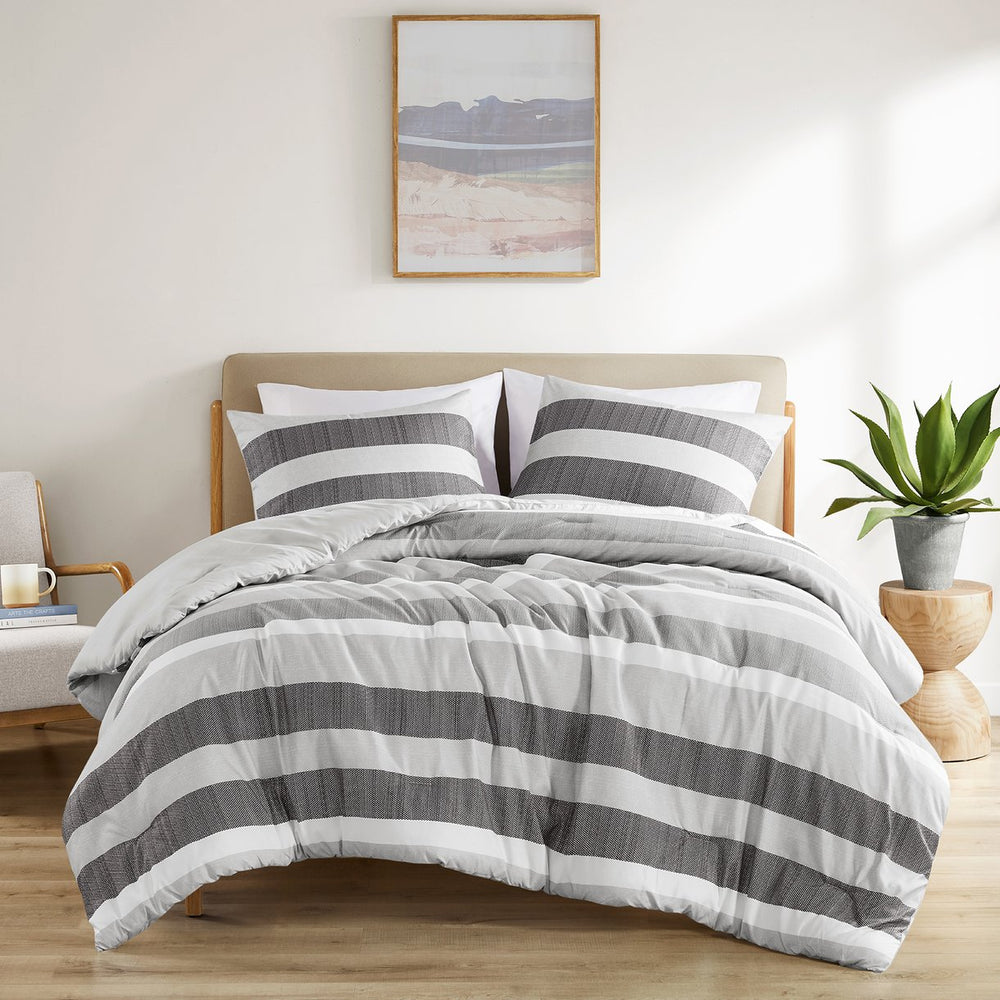 JLA Home Comfort Spaces - Stripe Textured Comforter Set — Lightweight Oeko‑Tex Microfiber Striped Design for Year‑Round Comfort 90 L x 104 W x 1.5H AM10-0133