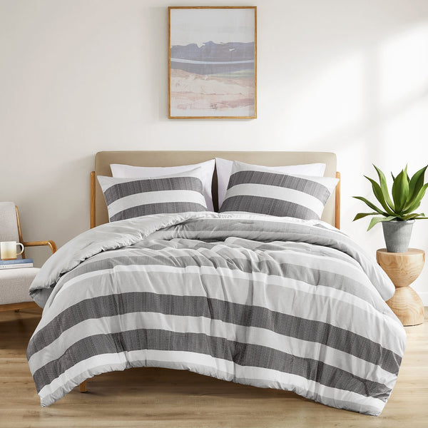 JLA Home Comfort Spaces - Stripe Textured Comforter Set — Lightweight Oeko‑Tex Microfiber Striped Design for Year‑Round Comfort 90 L x 104 W x 1.5H AM10-0133