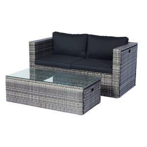 English Elm 6 Piece Patio Wicker Sectional Set with Space-Saving Nesting Design, Steel Frame, Tempered Glass Table and Weatherproof Cushions Grey+Black W329S00054