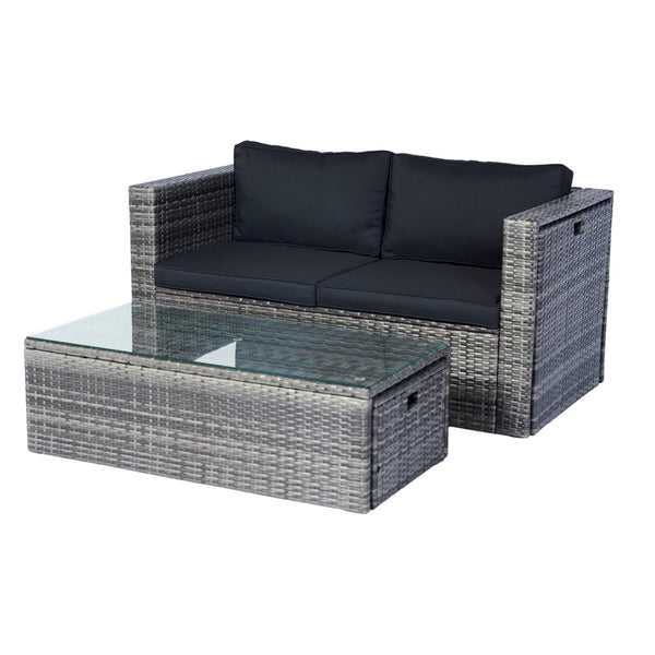 English Elm 6 Piece Patio Wicker Sectional Set with Space-Saving Nesting Design, Steel Frame, Tempered Glass Table and Weatherproof Cushions Grey+Black W329S00054
