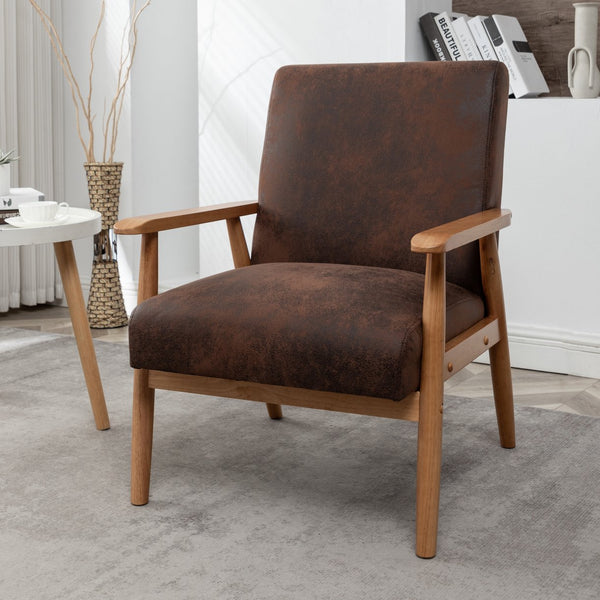 English Elm 25.38'' 25.38" Wide Classic Mid-Century Modern Arm Chair with Solid Wood Arms, Plush Foam & Microfiber Finish Brown B2735P271016