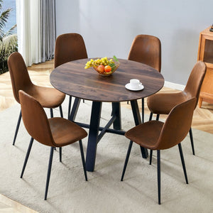 English Elm Table 7-Piece Modern Round Dining Set With 6 Ergonomic Brown Chairs & Black Metal Legs For Style W1151S03752-GIGA
