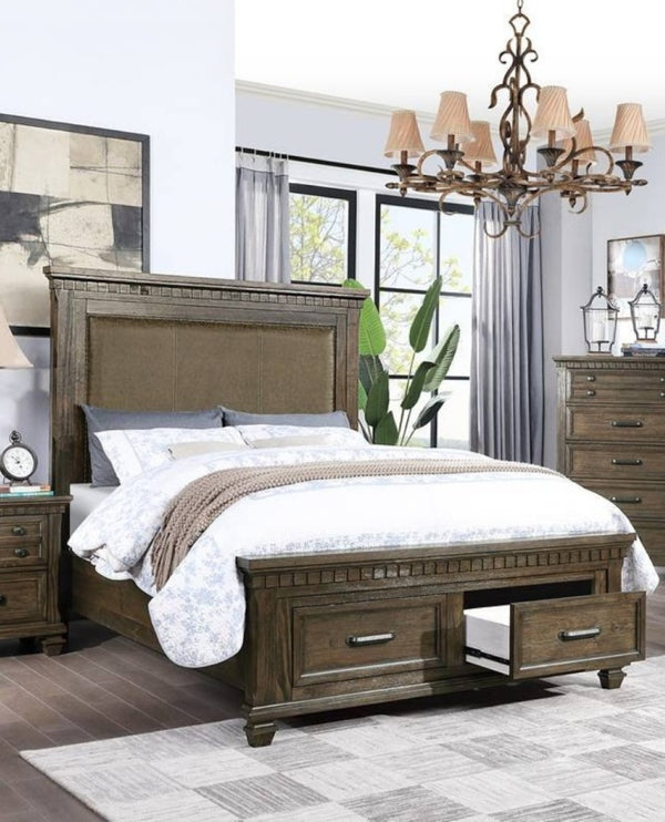 English Elm Traditional Queen Bed Upholstered Headboard Footboard Storage Drawers Dark Brown Wood B011S02124