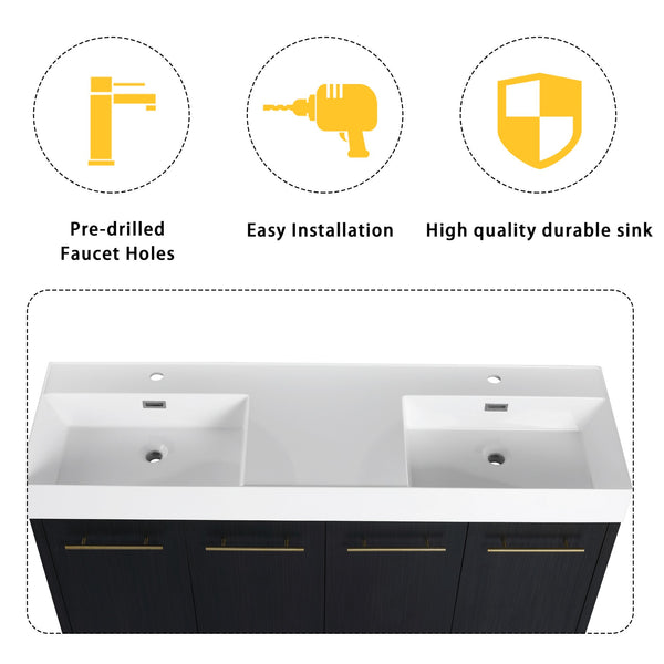 English Elm 60 Inch Freestanding Bathroom Vanity With Resin Double Sink & Soft-Close Doors For Modern Spaces W999S00181