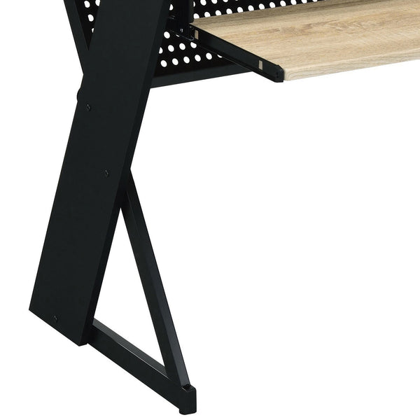 English Elm Natural Music Desk with Cord Management, Keyboard Tray, Hutch & Headphone Rack for Musicians - Efficient Organized Workspace, Natural/Black Finish B062P184577