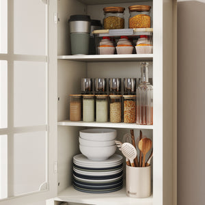 English Elm Minimalism Creamy White Buffet Cabinet with Tempered Glass, Solid Wood Legs, Drawer & Adjustable Shelves (Modern) W2557P347167