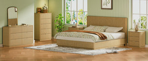 English Elm Queen Bed Frame with Led Lighting Curved Groove Panels and Floating Base Modern Bedroom Oak W1820S00052