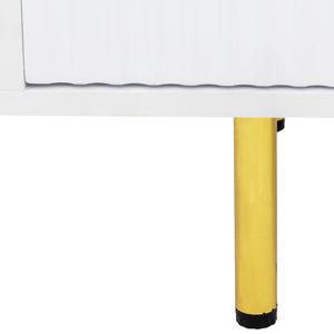 English Elm Modern warm white TV cabinet for 80" TVs with two drawers, durable particleboard, sleek storage design W331P240826