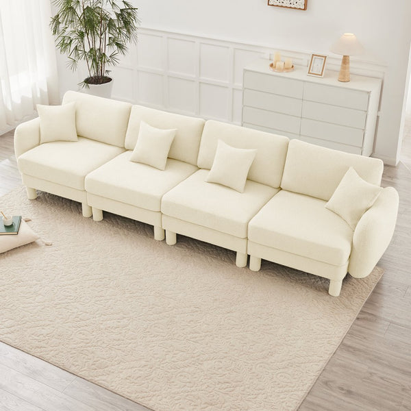 English Elm Boucle 4-Seater Sofa In Beige - Elegant Shell Armrests & Cylindrical Legs For Modern Living Spaces W3041S00279