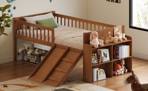 English Elm Twin Platform Kids Bed with Slide Ladder Guardrails Storage Shelf Wood Frame Walnut N733S415411M