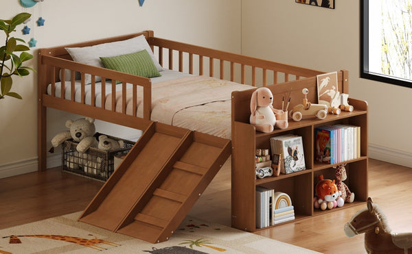 English Elm Twin Platform Kids Bed with Slide Ladder Guardrails Storage Shelf Wood Frame Walnut N733S415411M