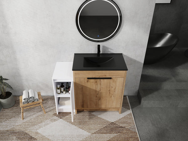 English Elm 42 Inch Freestanding Bathroom Vanity With Black Ceramic Sink, Soft-Close Doors, And Storage Solutions W999S00310
