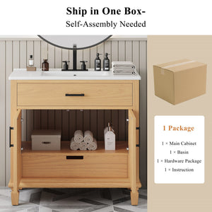English Elm Christopher Knight Home® - 36" Rattan Bathroom Vanity with Ceramic Sink and Soft-Close Drawers, Handwoven Door Texture, Solid Wood Legs, Spacious Storage Elegance Natural N817P271077N