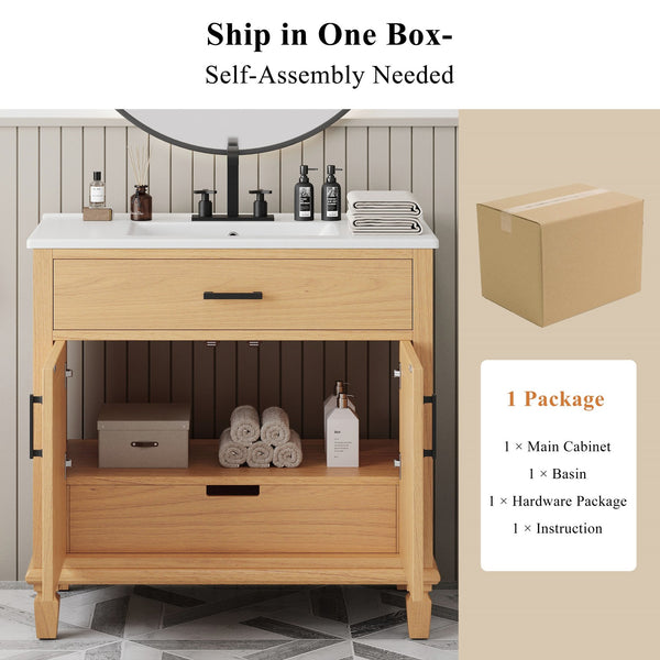 English Elm Christopher Knight Home® - 36" Rattan Bathroom Vanity with Ceramic Sink and Soft-Close Drawers, Handwoven Door Texture, Solid Wood Legs, Spacious Storage Elegance Natural N817P271077N