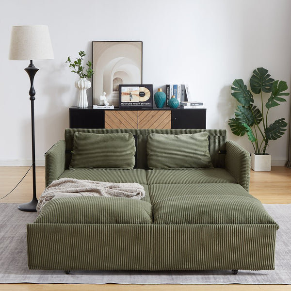 English Elm MH'' MH' 64.5 Inch Sleeper Sofa Bed with Corduroy Upholstery, Sturdy Wood & Iron Frame, 3-in-1 Convertible Comfort Green W1193S00127