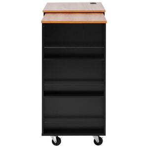 English Elm K&k Rolling Kitchen Island with Extendable Table Open Shelving and Built-in Power Outlet Black N707P360278B