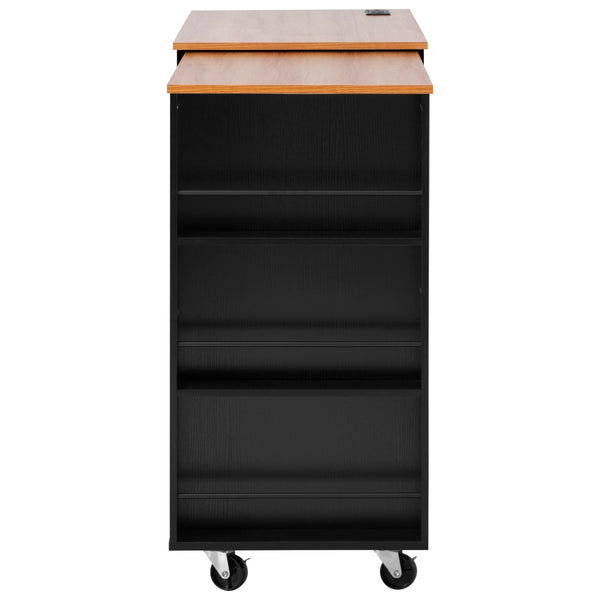 English Elm K&k Rolling Kitchen Island with Extendable Table Open Shelving and Built-in Power Outlet Black N707P360278B