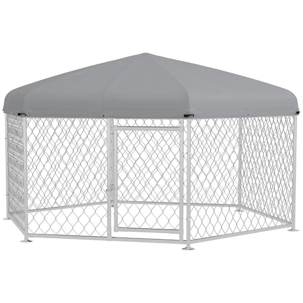 English Elm Pawhut Galvanized Steel Outdoor Dog Run with Uv Roof Lockable Gate for Large Dogs W2225P200785