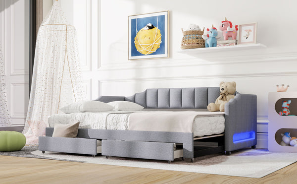 English Elm Twin Extendable Upholstered Daybed with Two Storage Drawers, LED Light, Slat Kit Included for Guests Gray N7500002061E