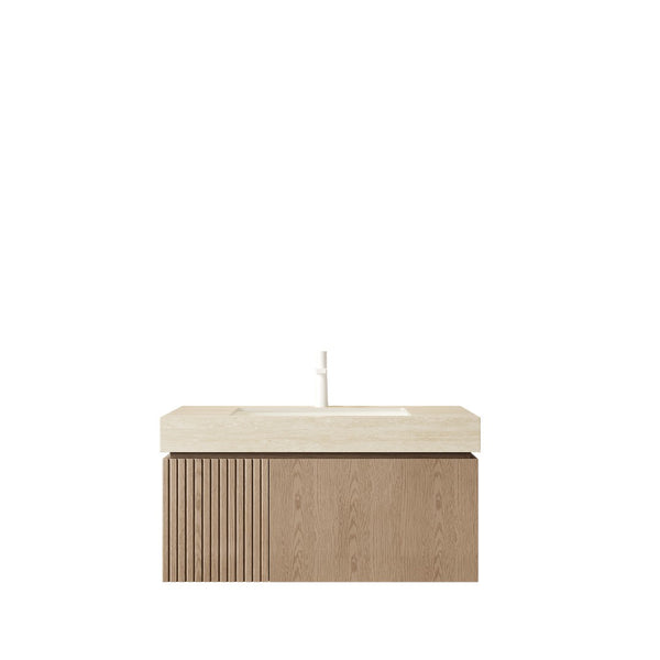 English Elm Muri Floating Bathroom Vanity Travertine Stone Top Plywood Cabinet Warm Woodgrain W2615S00607