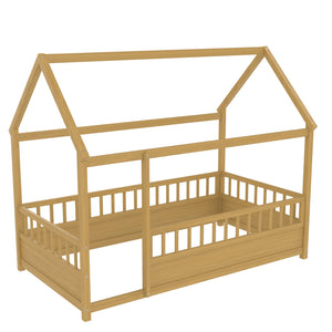 English Elm Twin House Frame Floor Bed with 20" High Fence, Solid Pine Roof, Sturdy 48x48mm Frame for Safety and Fun W1858P310084