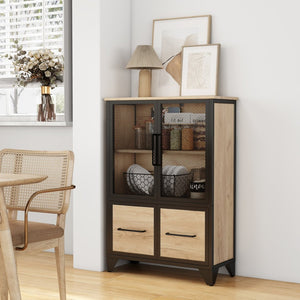 English Elm Storage Cabinet Matte Iron Four Door Sideboard with Adjustable Shelf for Modern Interiors Black+Natural W3151P407883