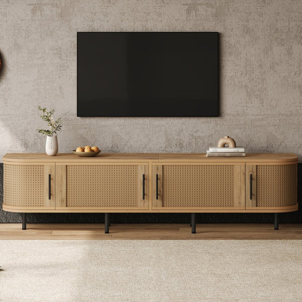 English Elm 70inch Rattan Door Media Console with Iron Legs Natural Wood Finish Living Room N710P429509P