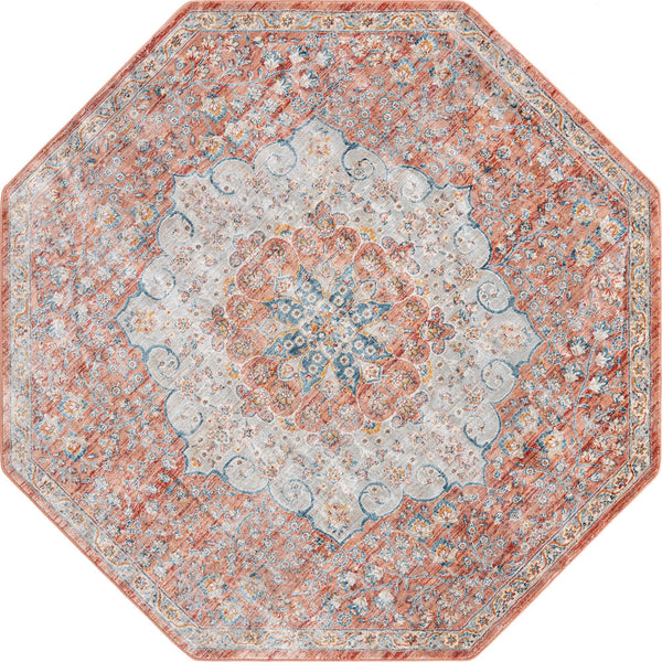 Unique Loom Newport Elms Machine Made Medallion Rug Red, Ivory/Light Blue/Terracotta/Rust Red 7' 1" x 7' 1"