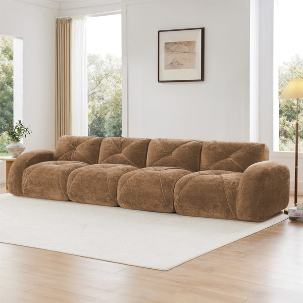 English Elm 140''soft Velvet Modular Cloud Sofa Tufted Plush Seating for Living Room or Home Theater Camel W714S01600