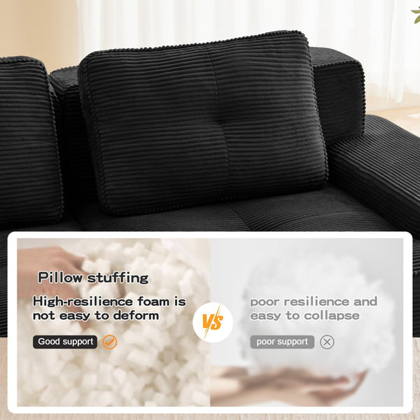 English Elm Modern Corduroy Sectional Sofa Deep Seat V Shape Tufted Couch with Movable Ottoman Black W714S01585
