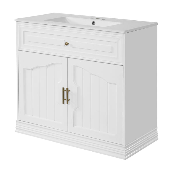 English Elm 36" Luxurious Bathroom Vanity with Ceramic Sink and Soft-Close Doors, Solid Wood Frame, Adjustable Shelves White N710P288944K