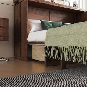 English Elm Murphy Cabinet Queen Bed Solid Pine Frame with Built-in Charging Station for Guest Rooms Walnut W504S00165