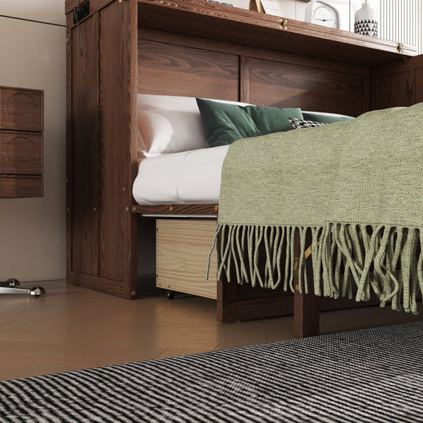 English Elm Murphy Cabinet Queen Bed Solid Pine Frame with Built-in Charging Station for Guest Rooms Walnut W504S00165