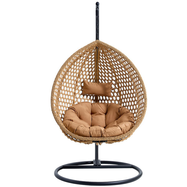 English Elm 76.8-inch Hand Woven Rattan Egg Swing Chair Indoor Outdoor with Cushion Lumbar Pillow Yellow W1512P498594