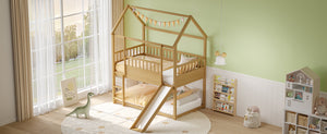 English Elm House Twin Bunk Bed with Built-In Slide and 3-Stage Ladder, Pine French Design with High Guardrail Safety Natural Wood W1858P241096