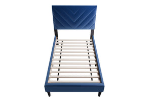 English Elm 1pc Twin Platform Bed Velvet Upholstered Adjustable Headboard V-stitch Blush Bedroom Navy Blue B011P415212