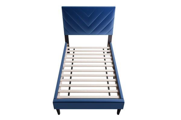 English Elm 1pc Twin Platform Bed Velvet Upholstered Adjustable Headboard V-stitch Blush Bedroom Navy Blue B011P415212