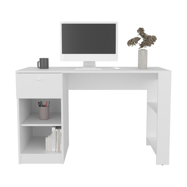 English Elm Menlo Desk in White — Compact Engineered Wood Office Desk with Drawer & Open Shelves for Organized Workspaces B092P254747