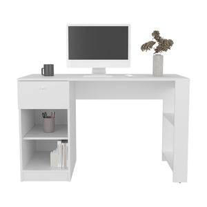 English Elm Menlo White Engineered Wood Desk with Drawer & Open Shelves for Small Spaces, Modern Office B092P254747