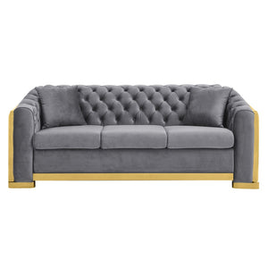 English Elm 81" Tufted Velvet Chesterfield Sofa with Gold Steel Legs for Elegant Living Rooms W1191S00017
