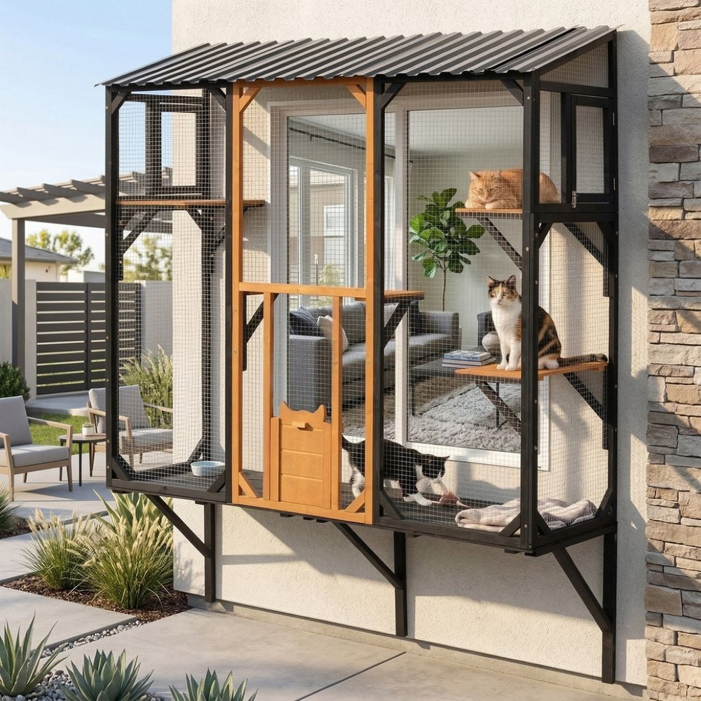 English Elm Outdoor Fir Wood Window Catio Enclosure with Four Climbing Platforms for Cats Black,Brown N719P418371D