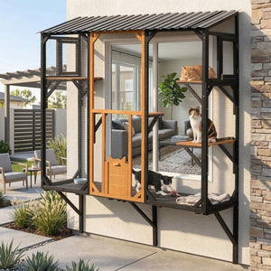 English Elm Outdoor Fir Wood Window Catio Enclosure with Four Climbing Platforms for Cats Black,Brown N719P418371D