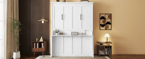 English Elm Queen Murphy Wall Bed with Integrated Desk Gas Strut Lift White Cabinet for Small Spaces White W504S00216