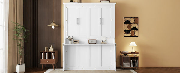 English Elm Queen Murphy Wall Bed with Integrated Desk Gas Strut Lift White Cabinet for Small Spaces White W504S00216