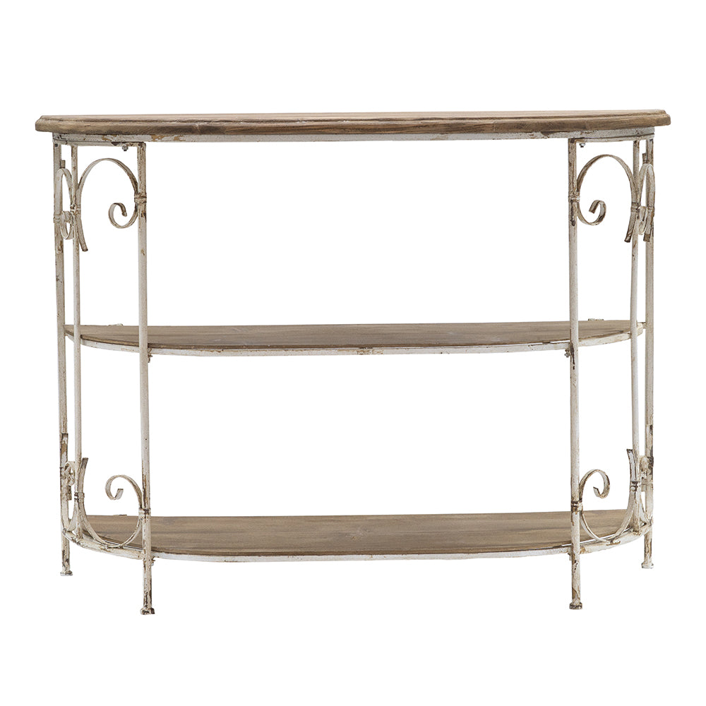 English Elm 43.5x14x32" Three-Tiered White Wooden Shelving Unit with Ornate Iron Frame — Farmhouse Decor, Sturdy Display for Plants & Books W2078P201140